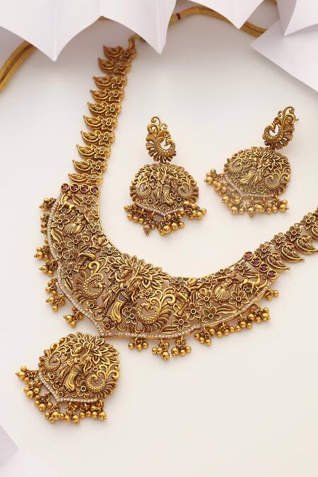 SUIKALA_Gold Plated Stones Radha-krishna Carved Long Temple Necklace Set_Online_at_Aza_Fashions