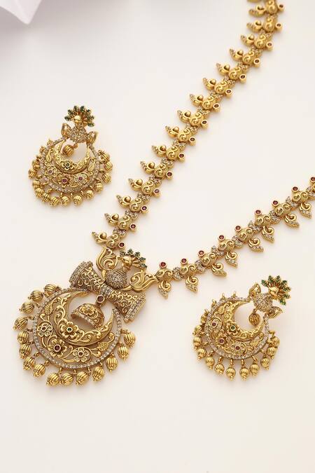SUIKALA Gold Plated Stones, Beads Peacock Studded Temple Long Necklace Set Online at Aza Fashions SUIKALA_Gold Plated Stones, Beads Peacock Studded Temple Long Necklace Set_Online_at_Aza_Fashions
