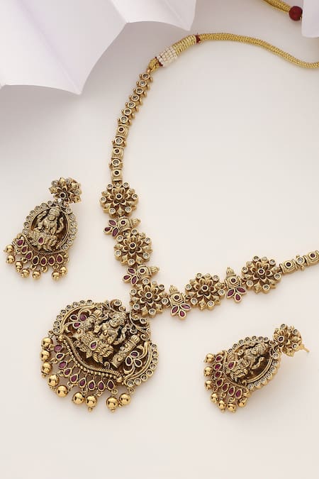 SUIKALA_Gold Plated Stones, Beads Laxmiji Floral Studded Necklace Set _Online_at_Aza_Fashions
