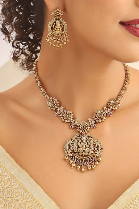 Buy_SUIKALA_Gold Plated Stones, Beads Laxmiji Floral Studded Necklace Set _Online_at_Aza_Fashions