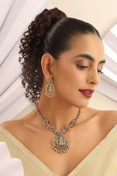 Shop_SUIKALA_Gold Plated Stones, Beads Laxmiji Floral Studded Necklace Set _Online_at_Aza_Fashions