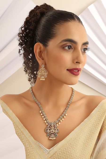 MUDRA LUXE Laxmiji Stone Studded Temple Necklace Set 