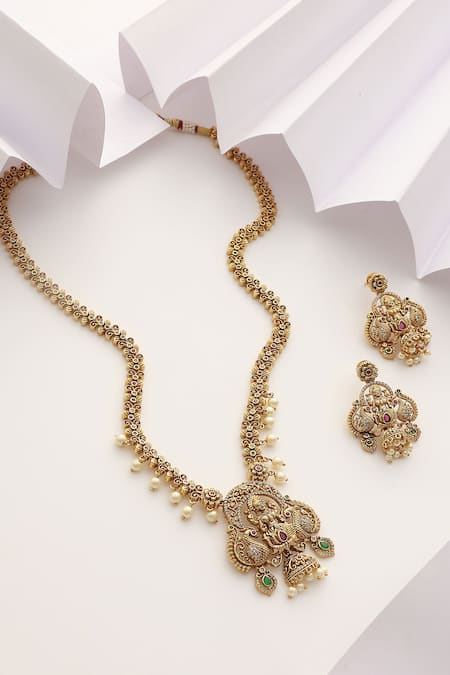 Shop SUIKALA Green Pearls, Stones Laxmiji Studded Temple Necklace Set at Aza Fashions Shop_SUIKALA_Green Pearls, Stones Laxmiji Studded Temple Necklace Set_at_Aza_Fashions