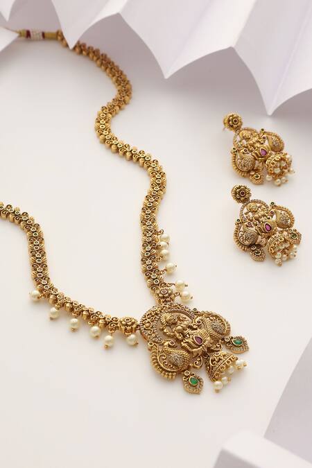 SUIKALA Green Pearls, Stones Laxmiji Studded Temple Necklace Set Online at Aza Fashions SUIKALA_Green Pearls, Stones Laxmiji Studded Temple Necklace Set_Online_at_Aza_Fashions