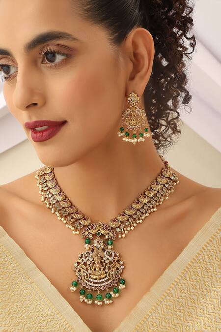 SUIKALA_Gold Plated Pearls, Stones, Beads Laxmiji Tassel Temple Necklace Set _Online_at_Aza_Fashions