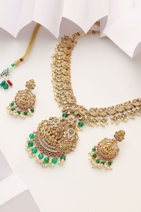 Buy_SUIKALA_Gold Plated Pearls, Stones, Beads Laxmiji Tassel Temple Necklace Set _Online_at_Aza_Fashions