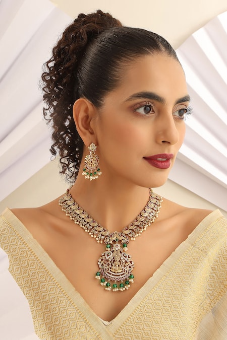 Shop_SUIKALA_Gold Plated Pearls, Stones, Beads Laxmiji Tassel Temple Necklace Set _Online_at_Aza_Fashions