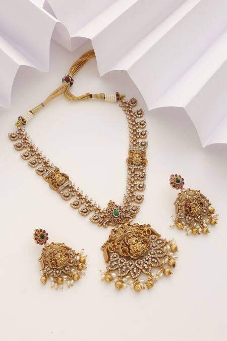 Shop SUIKALA Red Pearls, Stones, Beads Studded Kairi Laxmiji Temple Necklace Set at Aza Fashions Shop_SUIKALA_Red Pearls, Stones, Beads Studded Kairi Laxmiji Temple Necklace Set_at_Aza_Fashions