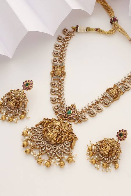 SUIKALA Red Pearls, Stones, Beads Studded Kairi Laxmiji Temple Necklace Set Online at Aza Fashions SUIKALA_Red Pearls, Stones, Beads Studded Kairi Laxmiji Temple Necklace Set_Online_at_Aza_Fashions