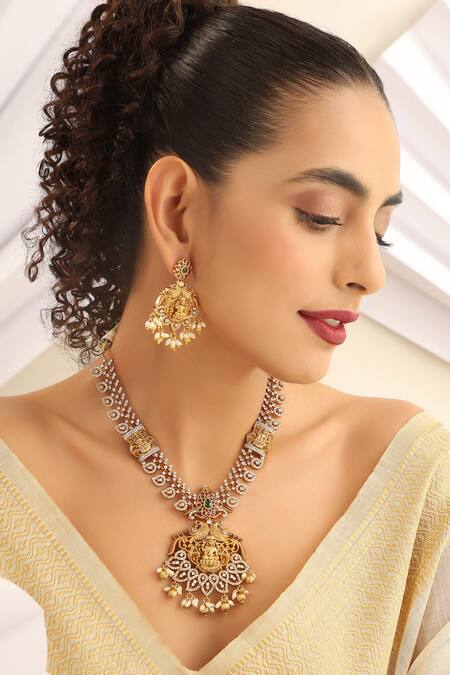 Shop SUIKALA Red Pearls, Stones, Beads Studded Kairi Laxmiji Temple Necklace Set Online at Aza Fashions Shop_SUIKALA_Red Pearls, Stones, Beads Studded Kairi Laxmiji Temple Necklace Set_Online_at_Aza_Fashions