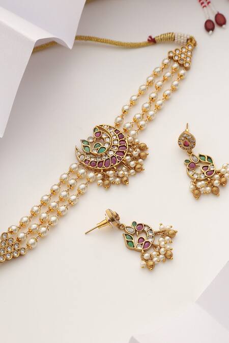 SUIKALA_Green Pearls, Stones Crescent Moon Cutwork Choker Set_Online_at_Aza_Fashions