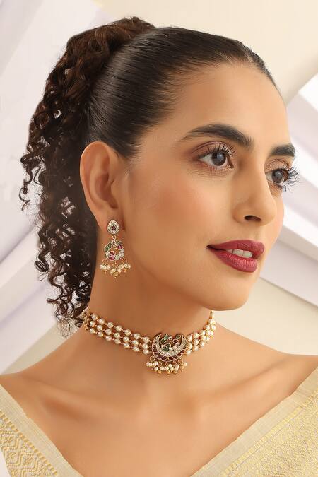 Shop_SUIKALA_Green Pearls, Stones Crescent Moon Cutwork Choker Set_Online_at_Aza_Fashions