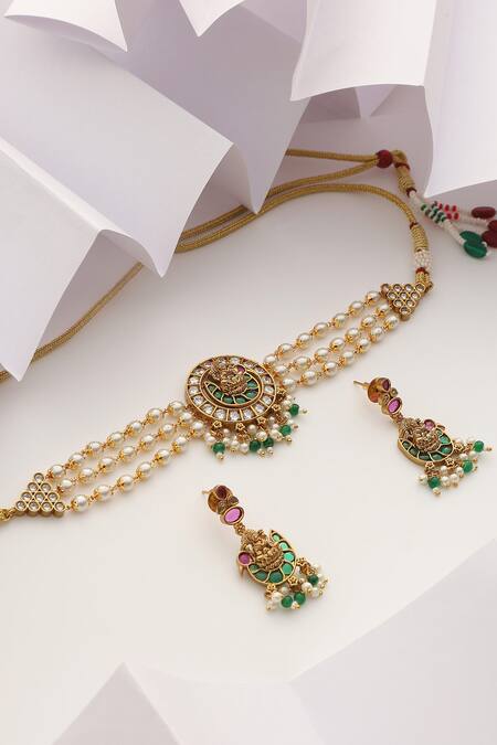 SUIKALA_Green Pearls, Stones Carved Temple Choker Set_Online_at_Aza_Fashions