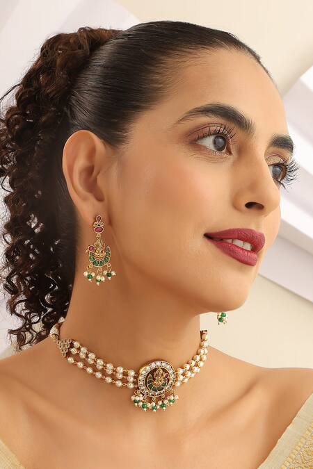 Shop_SUIKALA_Green Pearls, Stones Carved Temple Choker Set_Online_at_Aza_Fashions