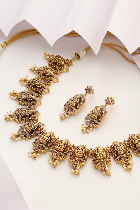SUIKALA_Gold Plated Pearls, Stones Carved Temple Necklace Set _Online_at_Aza_Fashions