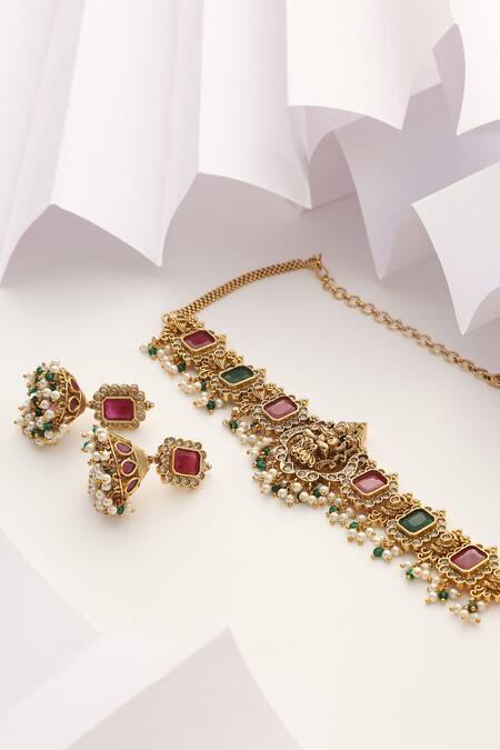 SUIKALA Multi Color Stones, Beads Carved Goddess Choker Set Online at Aza Fashions SUIKALA_Multi Color Stones, Beads Carved Goddess Choker Set _Online_at_Aza_Fashions