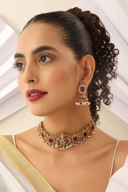 Shop SUIKALA Multi Color Stones, Beads Carved Goddess Choker Set Online at Aza Fashions Shop_SUIKALA_Multi Color Stones, Beads Carved Goddess Choker Set _Online_at_Aza_Fashions
