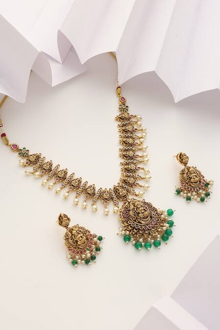 Shop SUIKALA Green Pearls Carved Goddess Motif Temple Necklace Set at Aza Fashions Shop_SUIKALA_Green Pearls Carved Goddess Motif Temple Necklace Set_at_Aza_Fashions