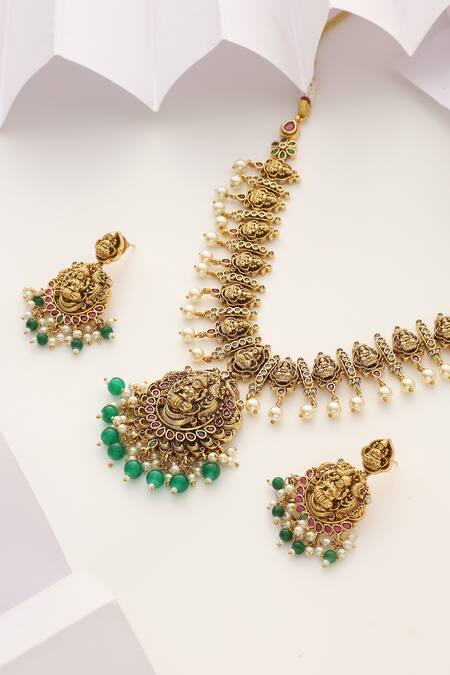 SUIKALA Green Pearls Carved Goddess Motif Temple Necklace Set Online at Aza Fashions SUIKALA_Green Pearls Carved Goddess Motif Temple Necklace Set_Online_at_Aza_Fashions