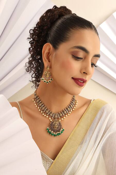 Shop SUIKALA Green Pearls Carved Goddess Motif Temple Necklace Set Online at Aza Fashions Shop_SUIKALA_Green Pearls Carved Goddess Motif Temple Necklace Set_Online_at_Aza_Fashions