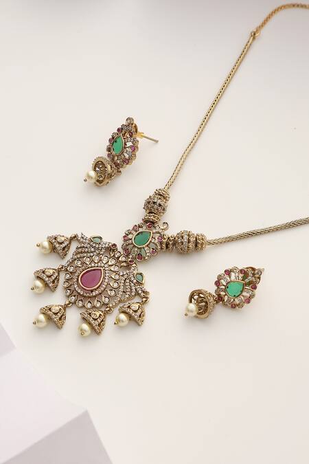 SUIKALA_Red Diamonds, Stones Victorian Polki Embellished Necklace Set _Online_at_Aza_Fashions
