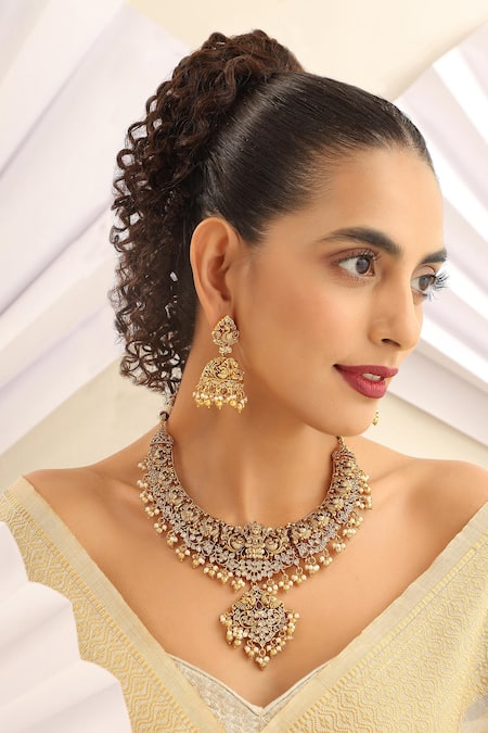 SUIKALA Gold Plated Goddess Carved Motif Temple Necklace Set 