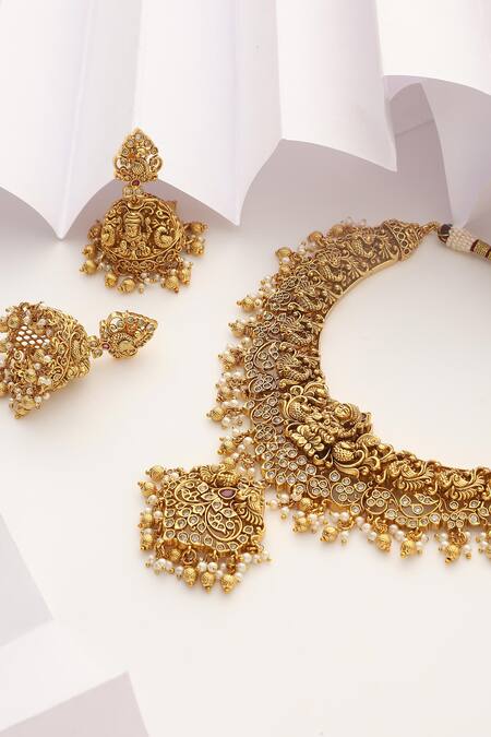 SUIKALA_Gold Plated Goddess Carved Motif Temple Necklace Set_Online_at_Aza_Fashions