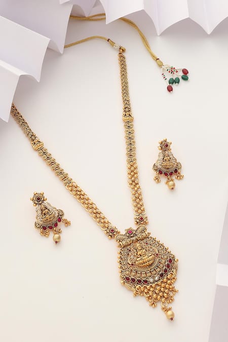 SUIKALA Goddess Carved Motif Long Temple Necklace Set 