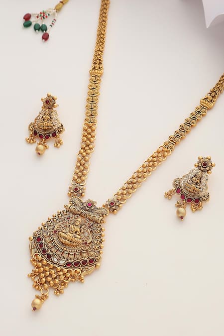 SUIKALA_Gold Plated Stones Goddess Carved Motif Long Temple Necklace Set _Online_at_Aza_Fashions
