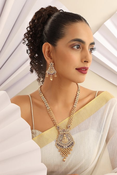 Shop_SUIKALA_Gold Plated Stones Goddess Carved Motif Long Temple Necklace Set _Online_at_Aza_Fashions