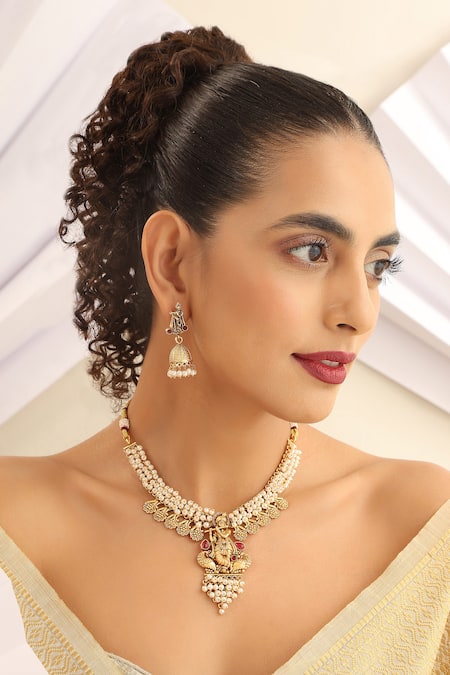 Shop SUIKALA Red Pearls Lord Krishna Carved Temple Necklace Set Online at Aza Fashions Shop_SUIKALA_Red Pearls Lord Krishna Carved Temple Necklace Set_Online_at_Aza_Fashions