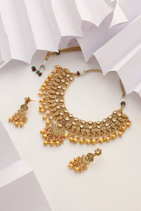 SUIKALA_Gold Plated Pearls Paisley Carved Motif Necklace Set _Online_at_Aza_Fashions
