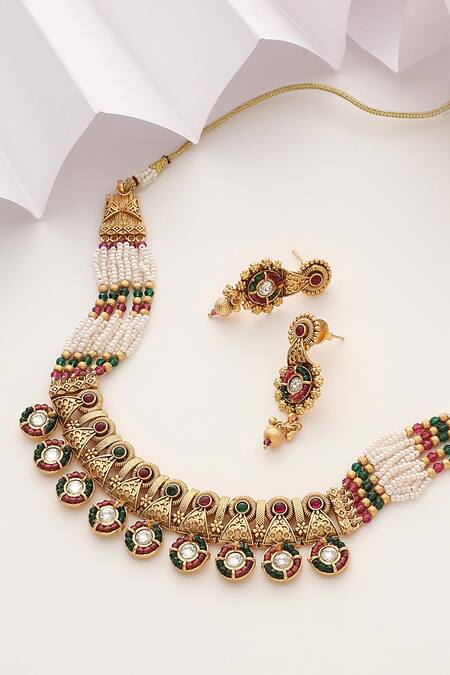 SUIKALA_Multi Color Stones Geometric Embellished Choker Set _Online_at_Aza_Fashions