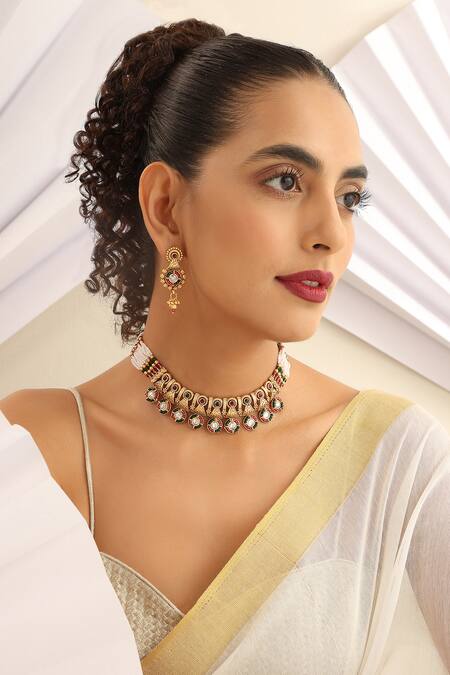 Shop_SUIKALA_Multi Color Stones Geometric Embellished Choker Set _Online_at_Aza_Fashions