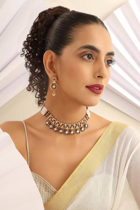 SUIKALA_Multi Color Stones Geometric Embellished Choker Set _at_Aza_Fashions