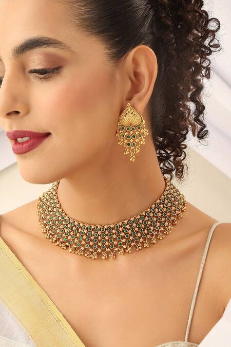 SUIKALA_Green Stones Layered And Carved Temple Necklace Set_Online_at_Aza_Fashions