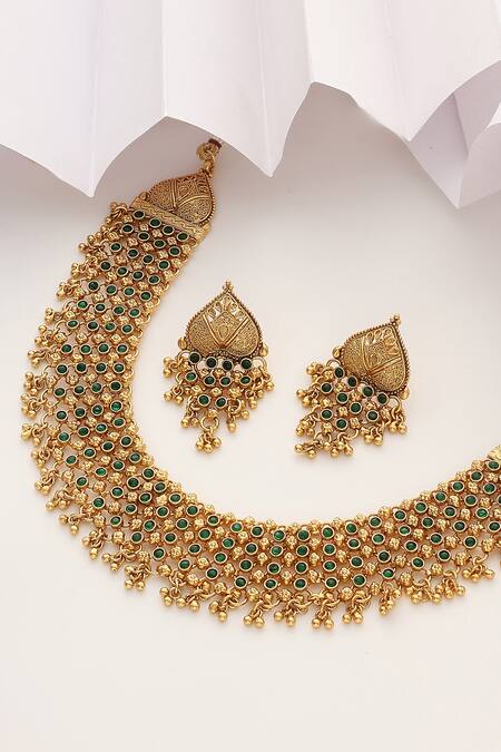 Buy_SUIKALA_Green Stones Layered And Carved Temple Necklace Set_Online_at_Aza_Fashions