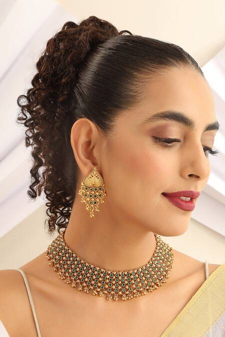 Shop_SUIKALA_Green Stones Layered And Carved Temple Necklace Set_Online_at_Aza_Fashions