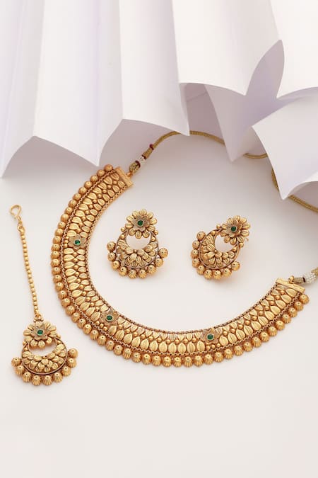 SUIKALA_Green Stones Floret Carved Jewellery Set_Online_at_Aza_Fashions