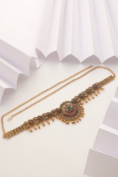 Shop SUIKALA Multi Color Stones Bird Carved Kamarbandh at Aza Fashions Shop_SUIKALA_Multi Color Stones Bird Carved Kamarbandh_at_Aza_Fashions