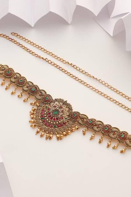 Buy SUIKALA Multi Color Stones Bird Carved Kamarbandh Online at Aza Fashions Buy_SUIKALA_Multi Color Stones Bird Carved Kamarbandh_Online_at_Aza_Fashions