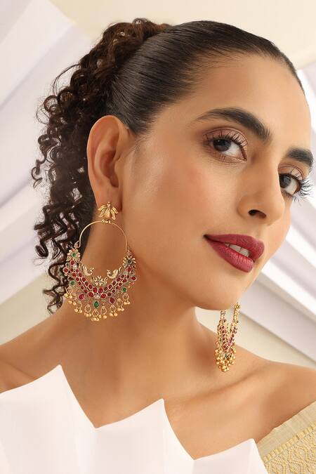 SUIKALA Red Stones Temple Chaandbali Earrings 