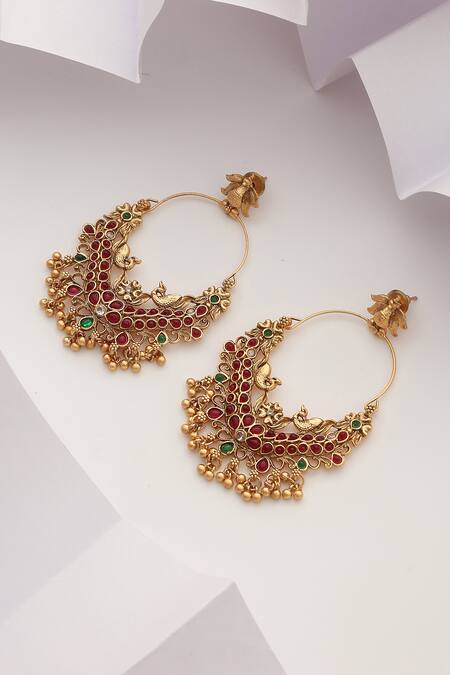 Shop SUIKALA Red Stones Temple Chaandbali Earrings at Aza Fashions Shop_SUIKALA_Red Stones Temple Chaandbali Earrings_at_Aza_Fashions