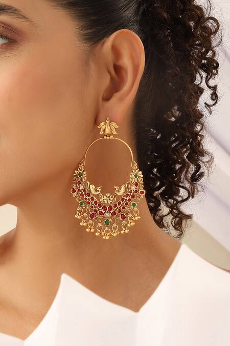 SUIKALA Red Stones Temple Chaandbali Earrings Online at Aza Fashions SUIKALA_Red Stones Temple Chaandbali Earrings_Online_at_Aza_Fashions