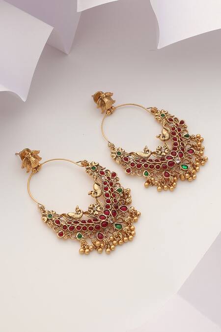 Buy SUIKALA Red Stones Temple Chaandbali Earrings Online at Aza Fashions Buy_SUIKALA_Red Stones Temple Chaandbali Earrings_Online_at_Aza_Fashions