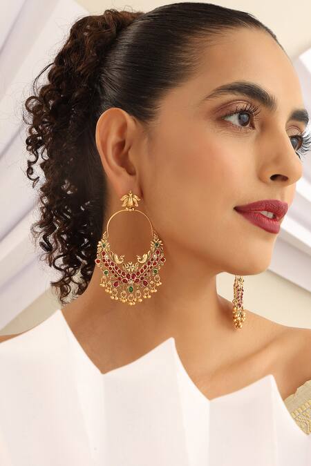 Shop SUIKALA Red Stones Temple Chaandbali Earrings Online at Aza Fashions Shop_SUIKALA_Red Stones Temple Chaandbali Earrings_Online_at_Aza_Fashions