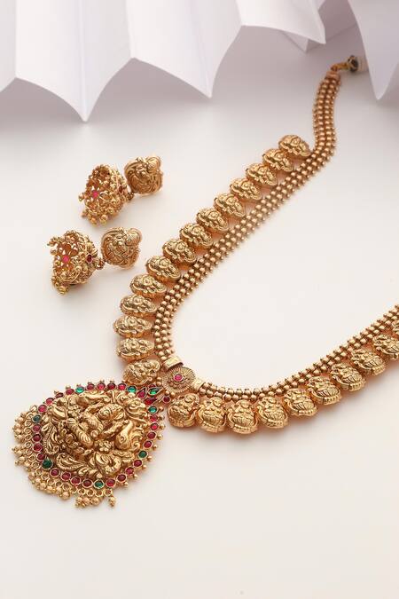 SUIKALA_Red Stones Goddess Carved Long Temple Necklace Set _Online_at_Aza_Fashions