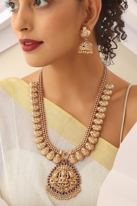 Buy_SUIKALA_Red Stones Goddess Carved Long Temple Necklace Set _Online_at_Aza_Fashions