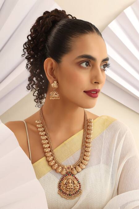 Shop_SUIKALA_Red Stones Goddess Carved Long Temple Necklace Set _Online_at_Aza_Fashions