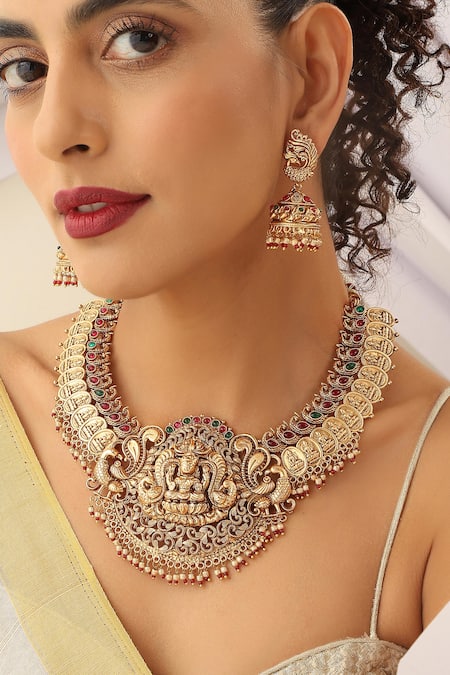SUIKALA_Gold Plated Stones Goddess Carved Motif Choker Set _Online_at_Aza_Fashions